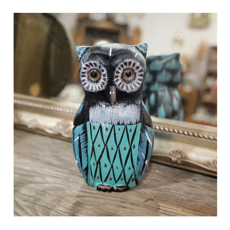 日本老件.手工雕刻猫头鹰摆件.木雕.轻木艺术品.蓝色猫头鹰 - 摆饰 - 木头 