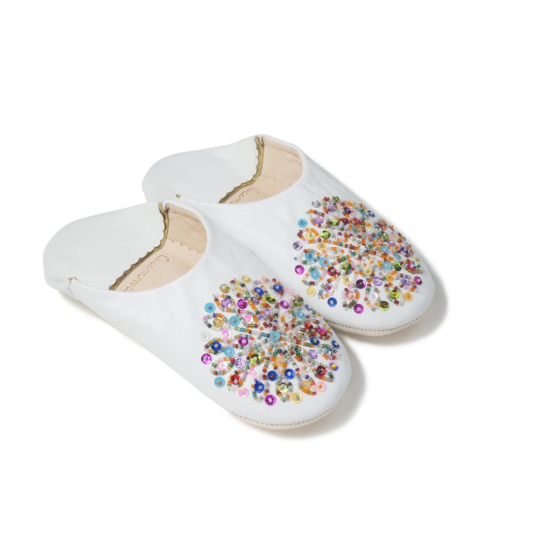 White / mix / moroccan Leather babouche Slippers / High quality odourless - 室内拖鞋 - 真皮 白色