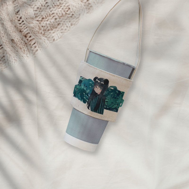 绿叶手绘水彩饮料提袋1入 - 随行杯提袋/水壶袋 - 棉．麻 绿色