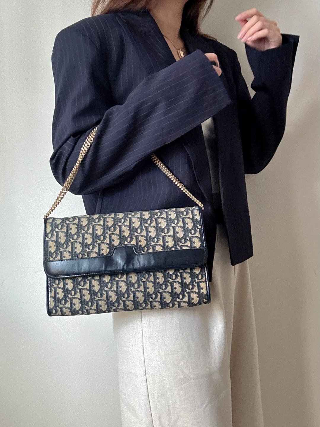 中古孤品 Christian Dior Oblique 老花 链包 侧背包 手提包 - 侧背包/斜挎包 - 真皮 黑色