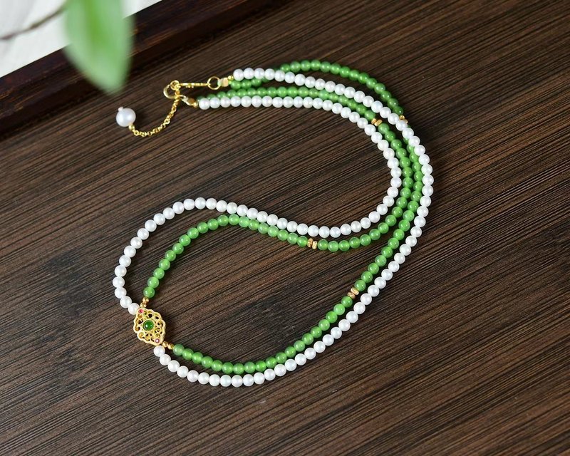 天然苹果绿碧玉珍珠叠戴项链 美到摘不下来 夏天的第一条碧玉珍珠 - 项链 - 玉石 