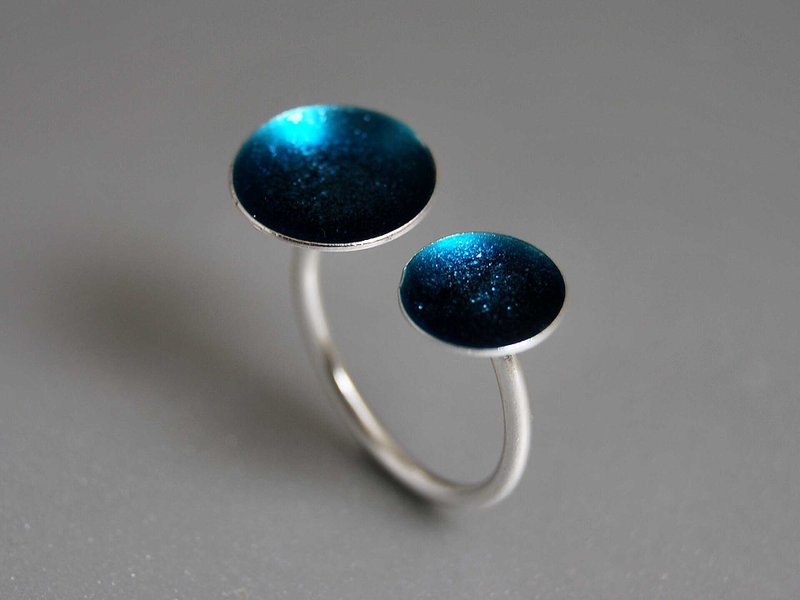 【蓝色】925纯银搪瓷多彩圆盘可调节戒指 圆盘大小子母戒盘 自然的美 Natural Beauty 红/黄/蓝/绿/紫 R119  | 希腊原创手工饰品 This and That - 戒指 - 其他金属 蓝色