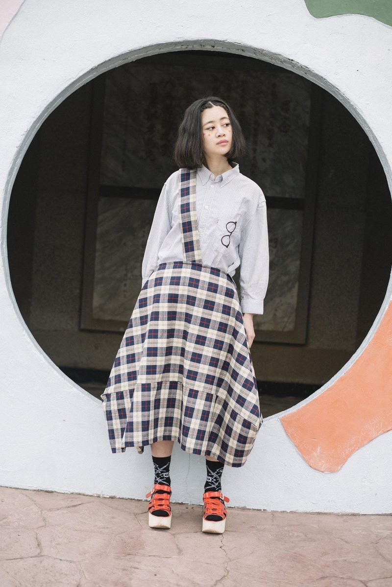 YML日本格纹两用斜肩带吊带立体长裙 - 裙子 - 其他材质 蓝色