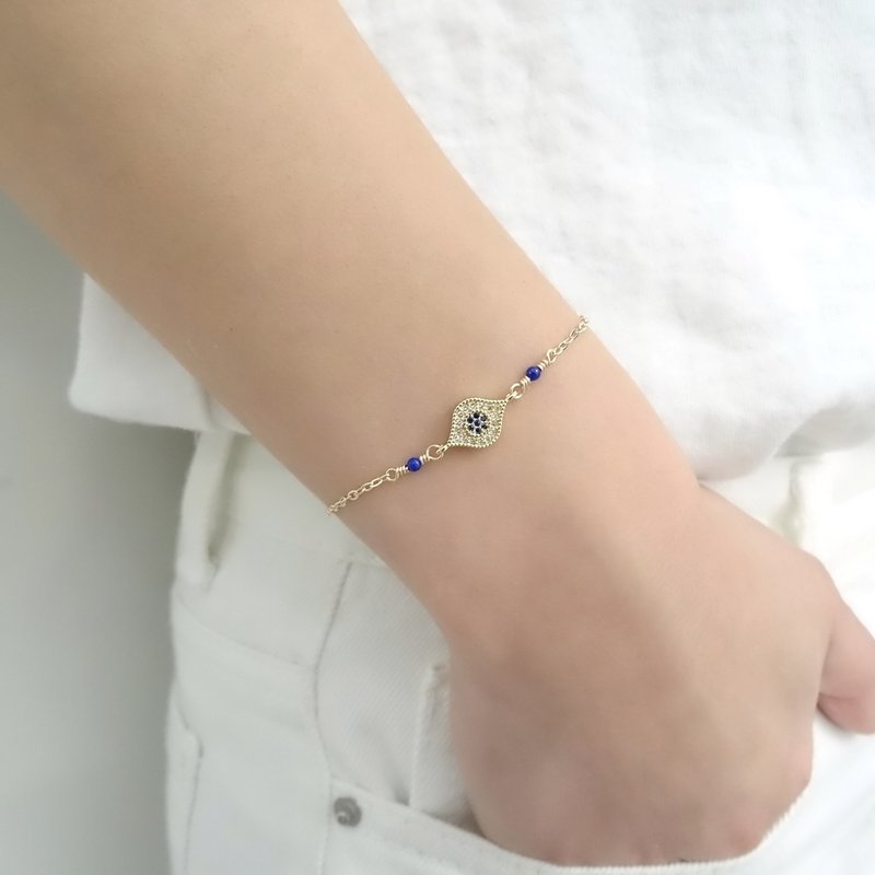 Evil Eye 锆石 青金石 14Kgf 包金手链 定制 | 地中海之眼 - 手链/手环 - 半宝石 蓝色