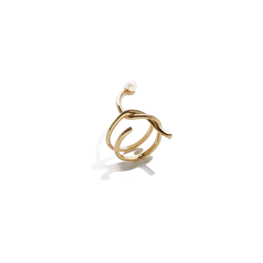 环绕珍珠长戒指 925银厚镀18K金 Effrene Pearl Ring - 戒指 - 珍珠 粉红色