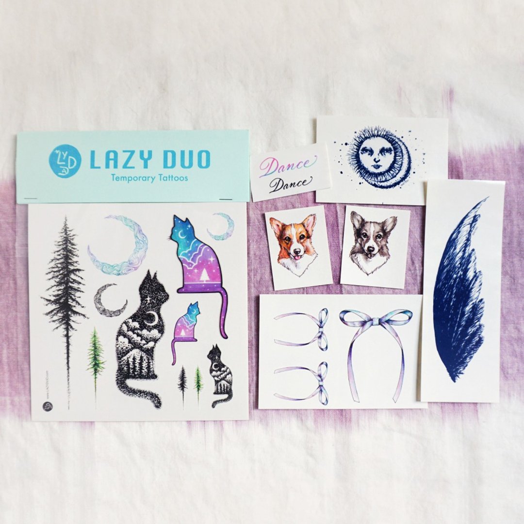 Goody Bag - LAZY DUO手绘刺青纹身贴纸｜福袋E・星空猫咪／棕树／翼／羽毛／蝴蝶结／日与月 · - 纹身贴 - 纸 多色
