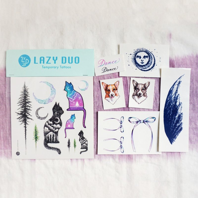 Goody Bag - LAZY DUO手绘刺青纹身贴纸｜福袋E・星空猫咪／棕树／翼／羽毛／蝴蝶结／日与月 · - 纹身贴 - 纸 多色
