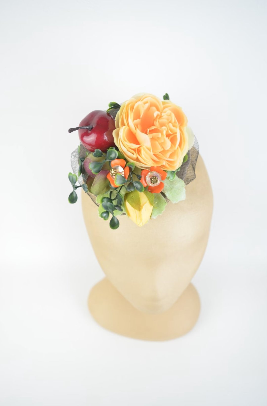 橘色花卉头饰，饰有宝石花朵、丝绸玫瑰与深红色苹果 - 发饰 - 其他材质 橘色