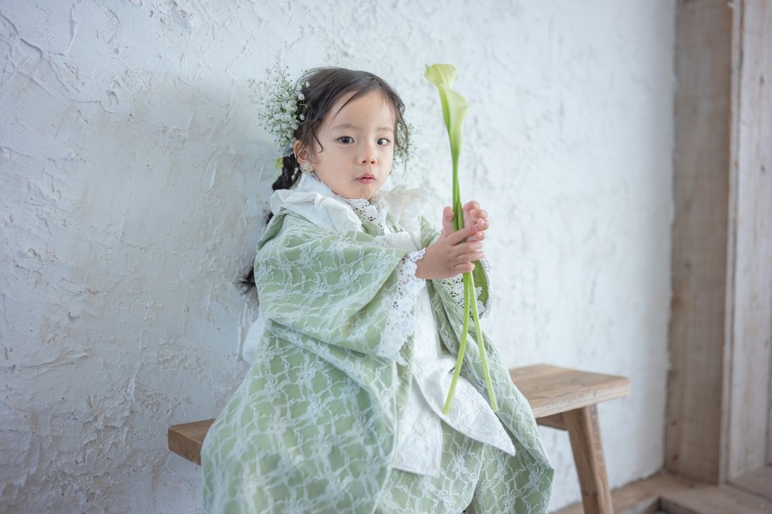 儿童和服长袖日本制造儿童和服和服绿色日式连身裙幼儿和儿童七五三浴衣布料 - 童装礼服/连衣裙 - 棉 绿色