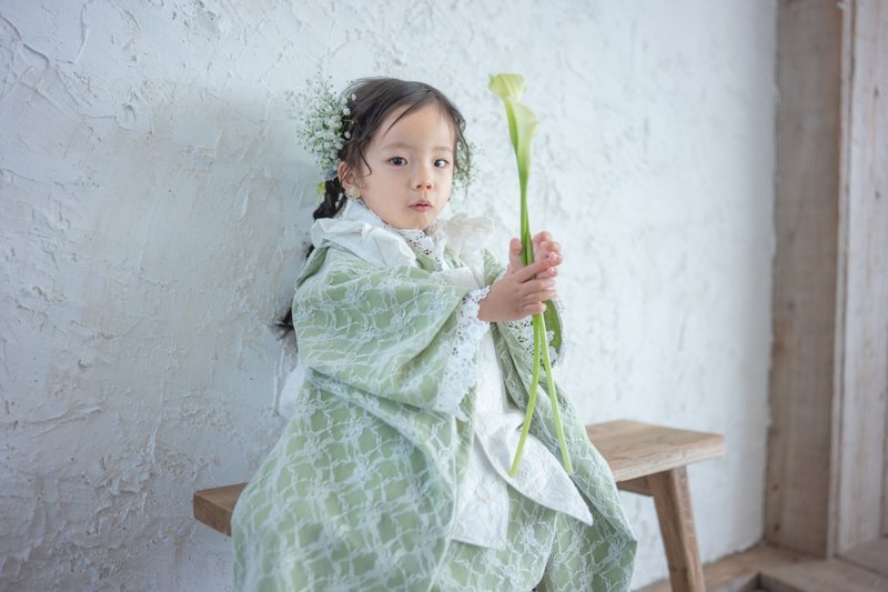 儿童和服长袖日本制造儿童和服和服绿色日式连身裙幼儿和儿童七五三浴衣布料 - 童装礼服/连衣裙 - 棉．麻 绿色