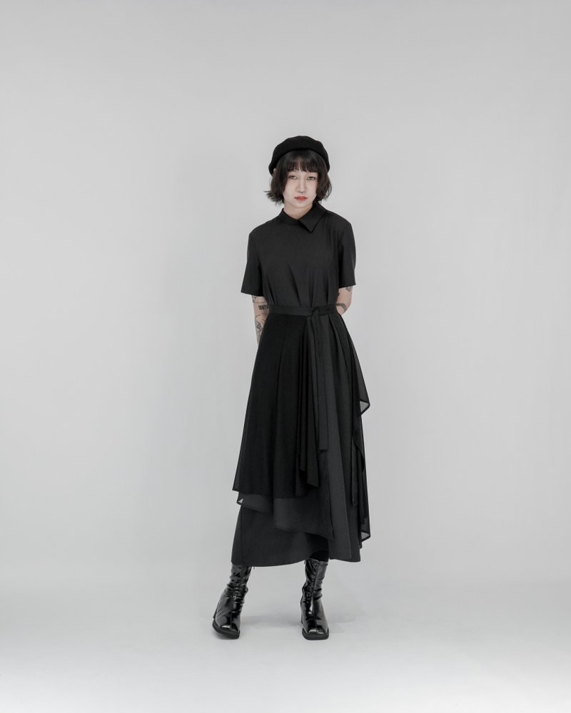 MUKK DESIGN 两件式片裙不对称领洋装 - 洋装/连衣裙 - 聚酯纤维 黑色