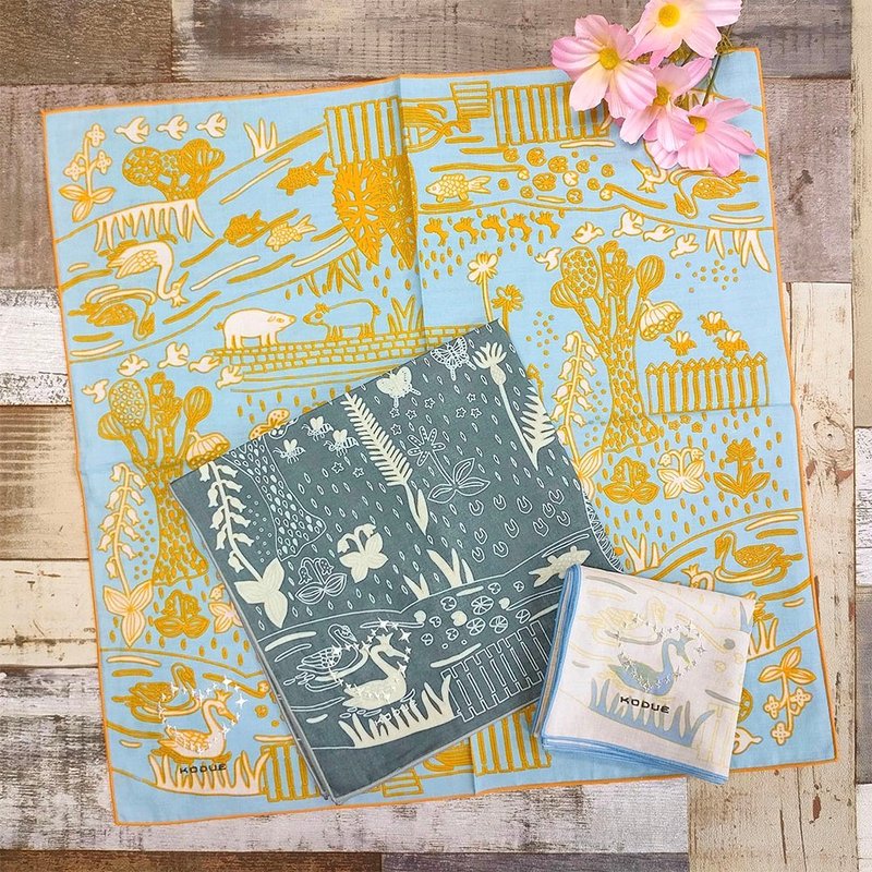 HBK刺绣双层手帕 天鹅湖|48X48CM|心形刺绣|理想花园|限量发售 - 手帕/方巾 - 棉．麻 蓝色