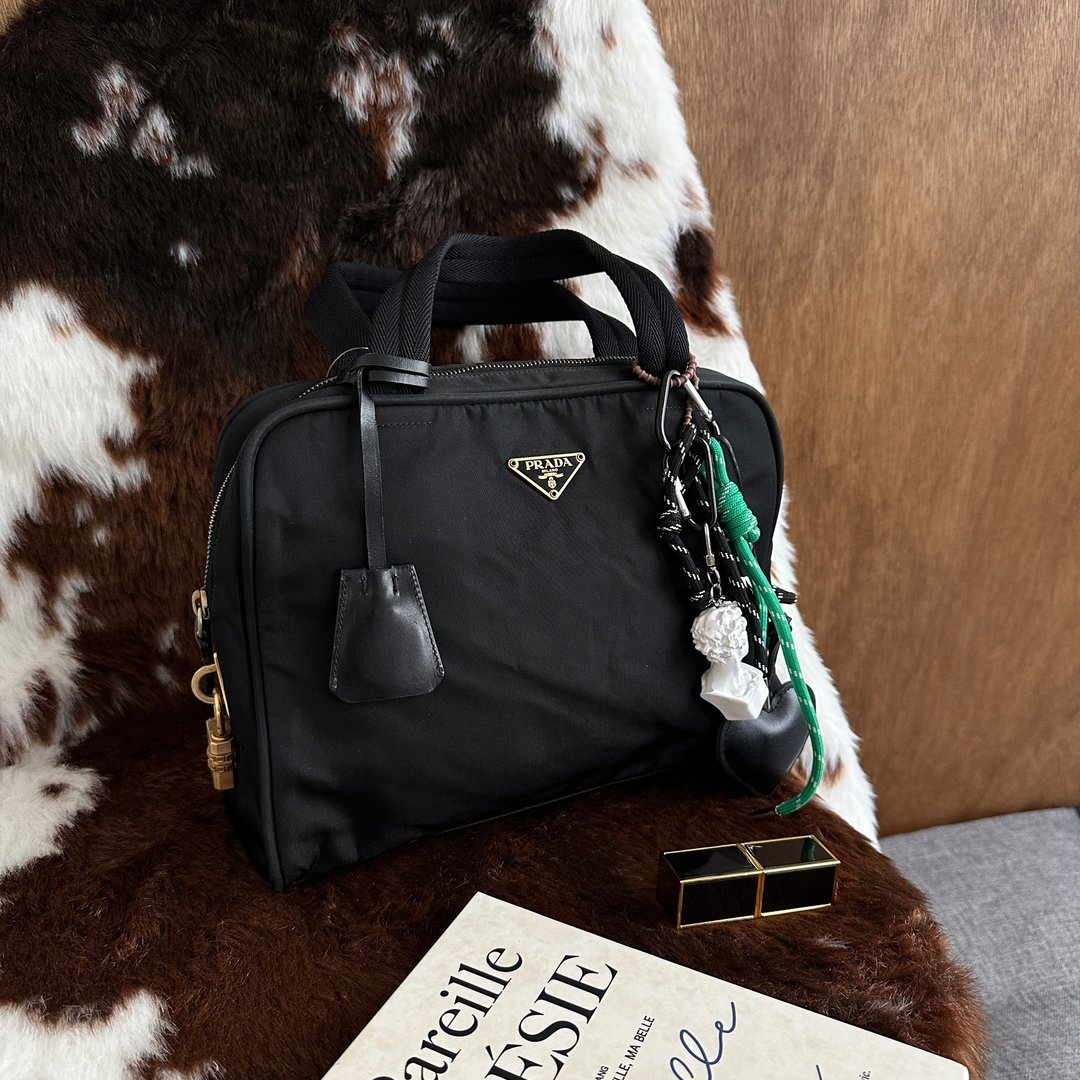 中古包 PRADA 普拉达 黑金尼龙波士顿包 - 手提包/手提袋 - 尼龙 黑色