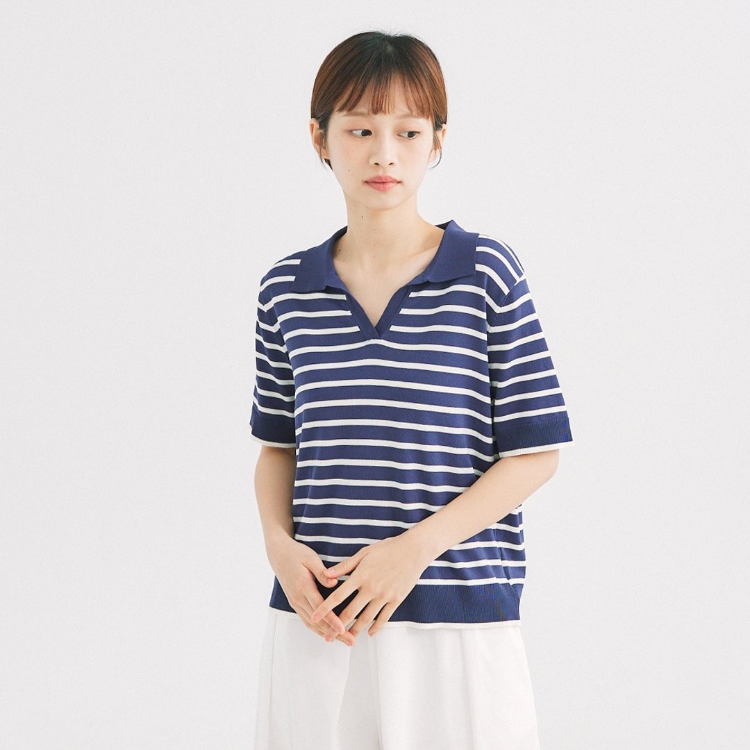 【Simply Yours】V领条纹针织上衣 蓝F - 女装衬衫 - 棉．麻 蓝色