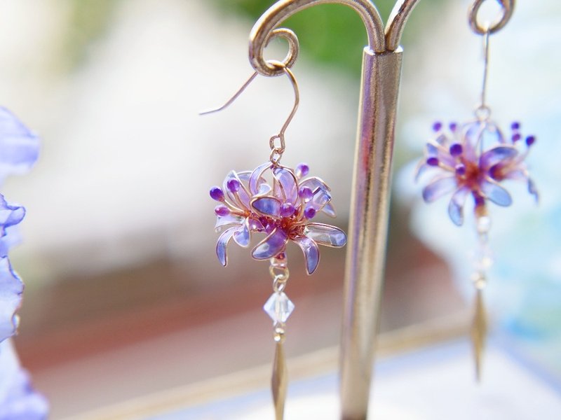 葵子手作 花屿愿 全手工制蓝紫渐变立体绣球花流苏款14k包金耳环 - 耳环/耳夹 - 树脂 紫色