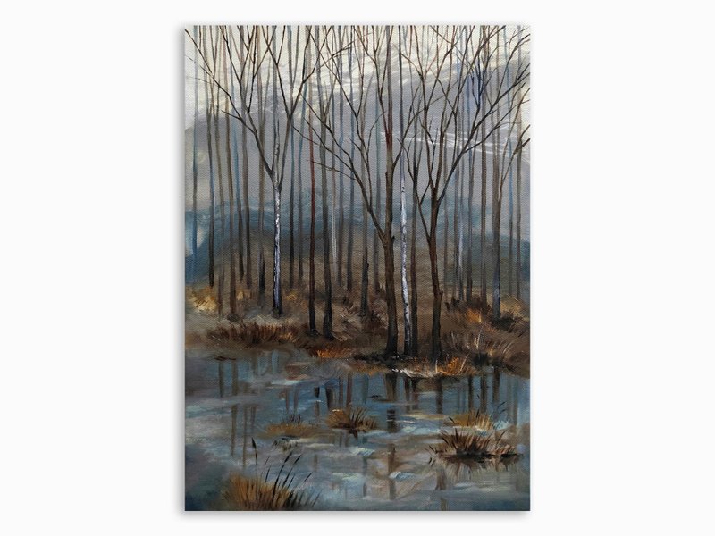 Fall Forest Painting Fog Original Art Smoky Landscape Forest Art Autumn Wall Art - 海报/装饰画/版画 - 其他材质 灰色