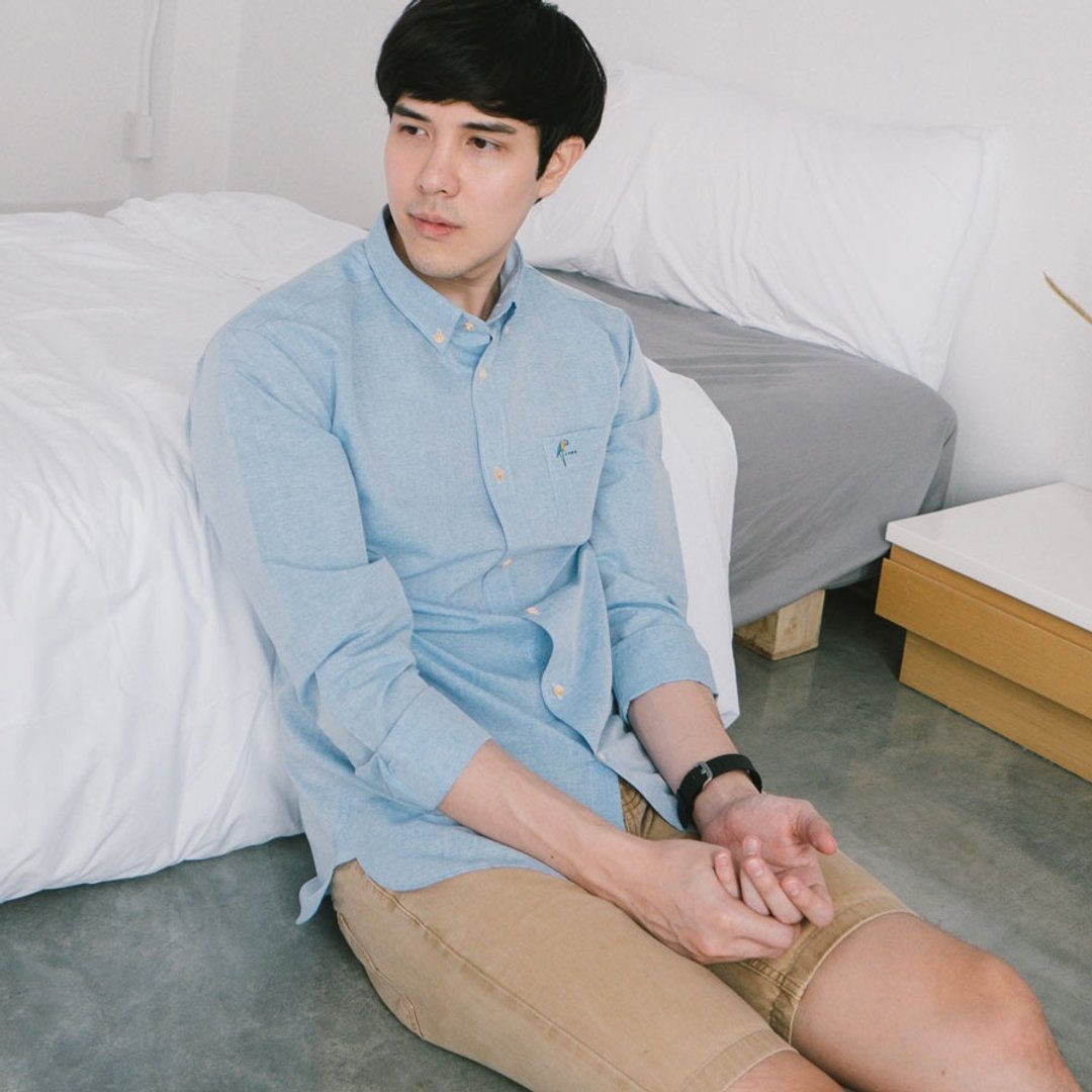Men shirt: Slim-Button down collar - 男装衬衫 - 棉 蓝色