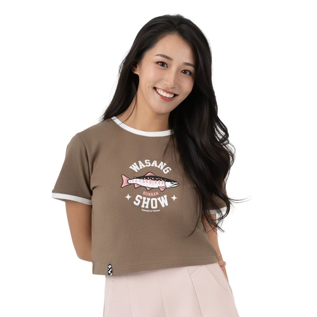 【漂浮热浪岛】 樱花钩吻鲑复古配色滚边女款短TEE可可棕款 - 女装 T 恤 - 棉 咖啡色