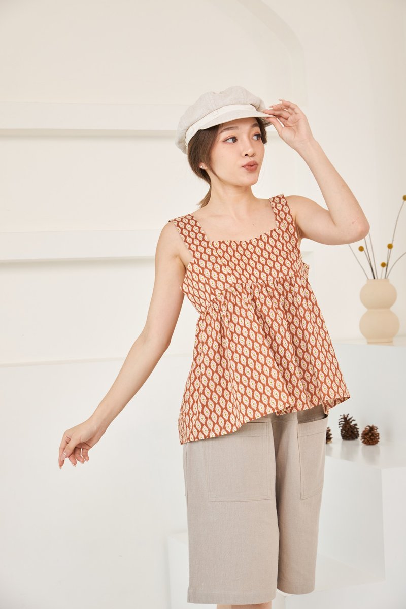 Leaf Tank top Indian wood stamps Red Brown - 女装上衣 - 棉．麻 红色