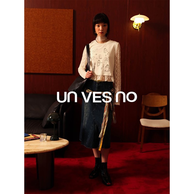 【手绘印花】Unvesno(UN) 古典宽松圆领长袖T恤&蕾丝袖印花女款 - 男装上衣/T 恤 - 其他材质 