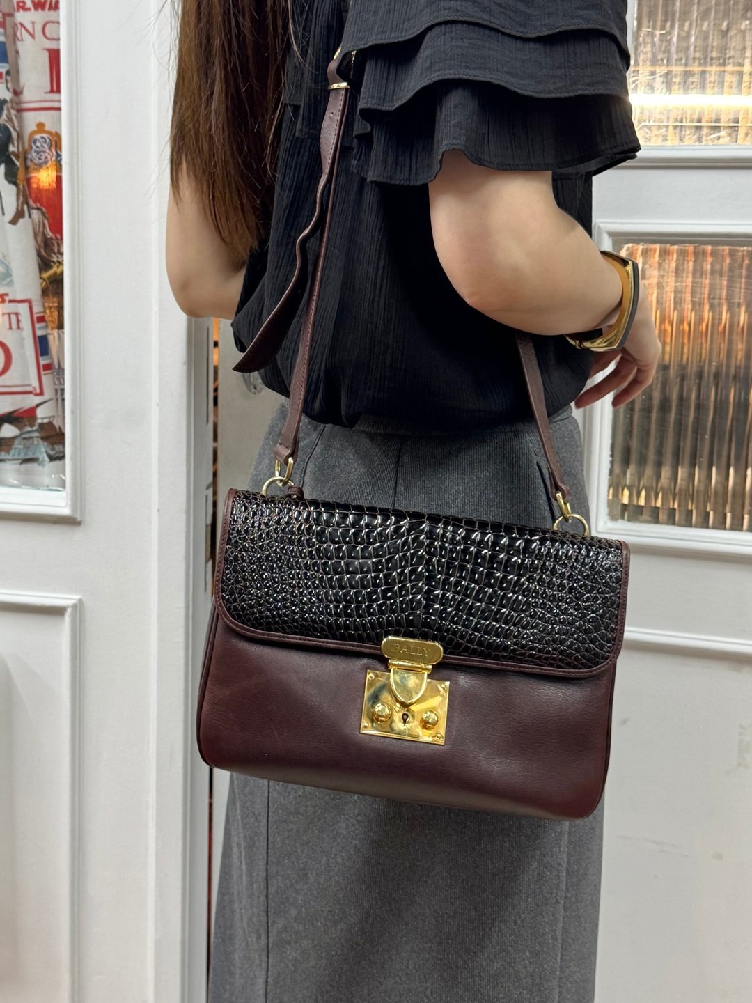 中古美品 Bally 拼色皮革 方形 风琴包 斜背包 复古 意大利制 - 侧背包/斜挎包 - 真皮 咖啡色