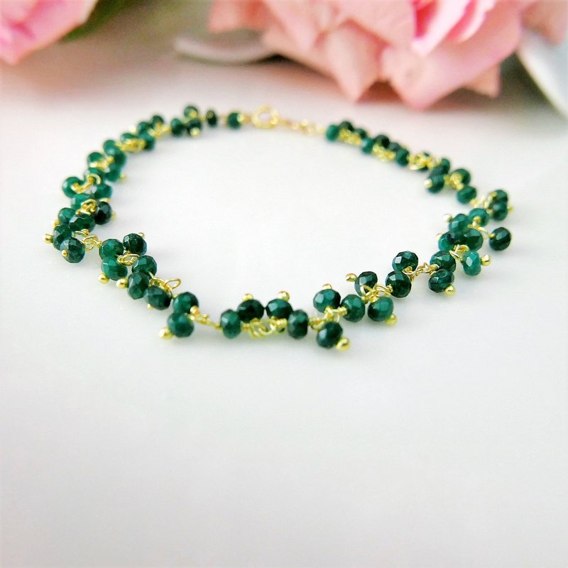 【买一送一】 || 5月诞生石 ||  多颗祖母绿 黄K色925银 细手链 - 手链/手环 - 银 绿色