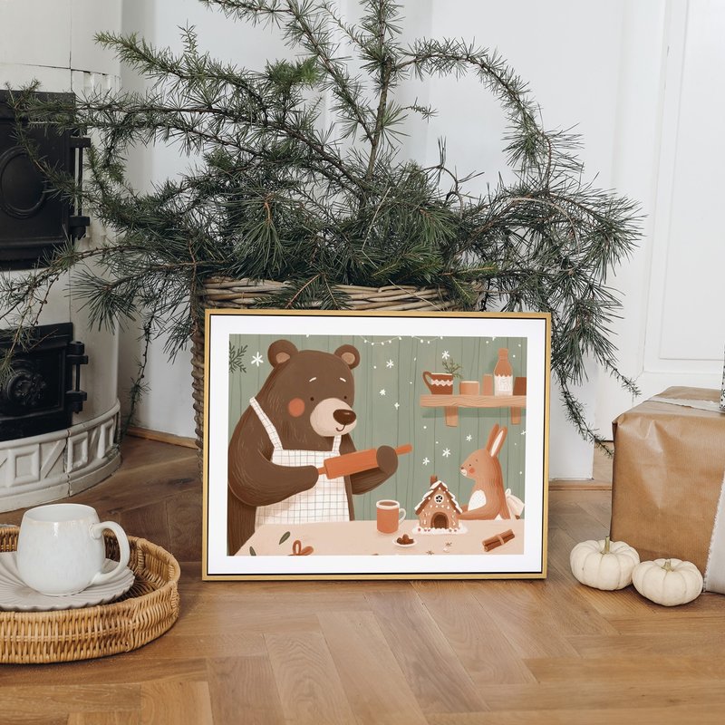 雪花中的姜饼小屋 - 圣诞插画/圣诞树装饰挂画//圣诞交换礼物 - 海报/装饰画/版画 - 棉．麻 咖啡色