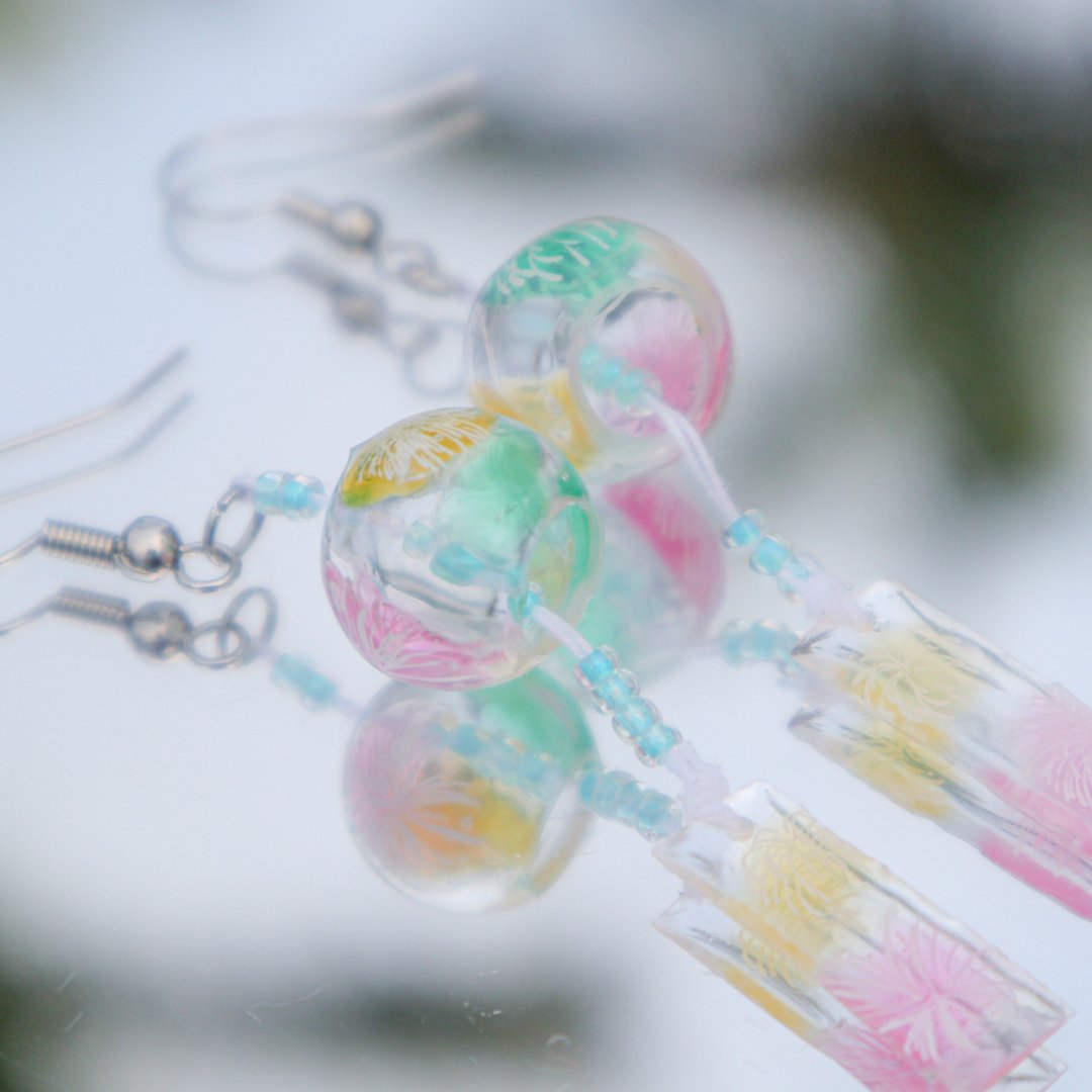 【风铃系列】日系烟花风铃耳环 - 耳环/耳夹 - 树脂 多色