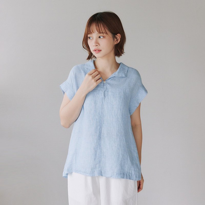 【Simply Yours】亚麻千鸟格无袖上衣 蓝F - 女装上衣 - 棉．麻 蓝色