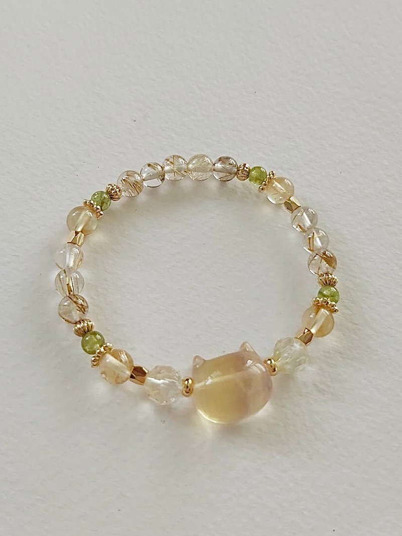 心忱-小黄猫咪 钛晶 黄水晶 橄榄石 - 手链/手环 - 水晶 黄色