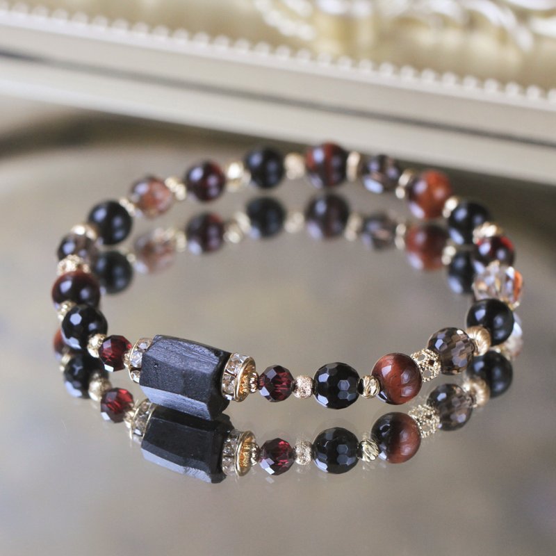 黑金超七 黑曜石 石榴石 原石黑碧玺 虎眼石。健康避邪水晶手链 - 手链/手环 - 水晶 黑色