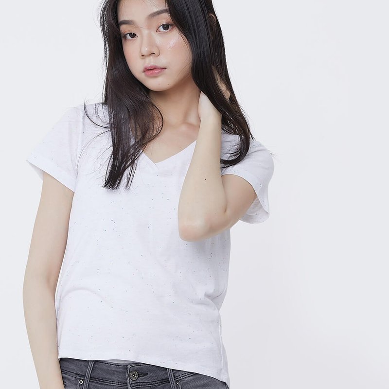 星彩棉V領燕尾口袋T恤上衣白 - 女装 T 恤 - 棉．麻 白色