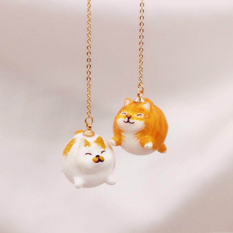 丸制作 | 肥橘白猫丸 &肥橘猫丸 一对耳勾 | 耳夹 | 耳饰 | - 耳环/耳夹 - 粘土 