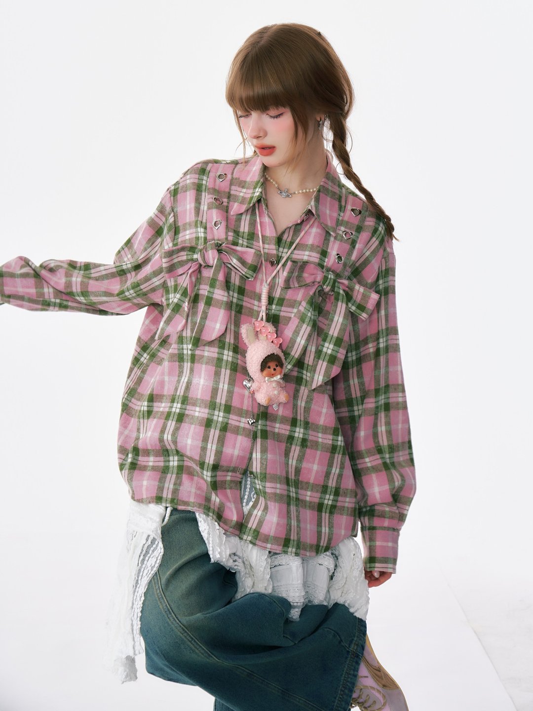 ziziFei秋冬美式复古设计感格纹加厚磨毛宽松粉色格子衬衫外套女 - 女装衬衫 - 其他材质 粉红色
