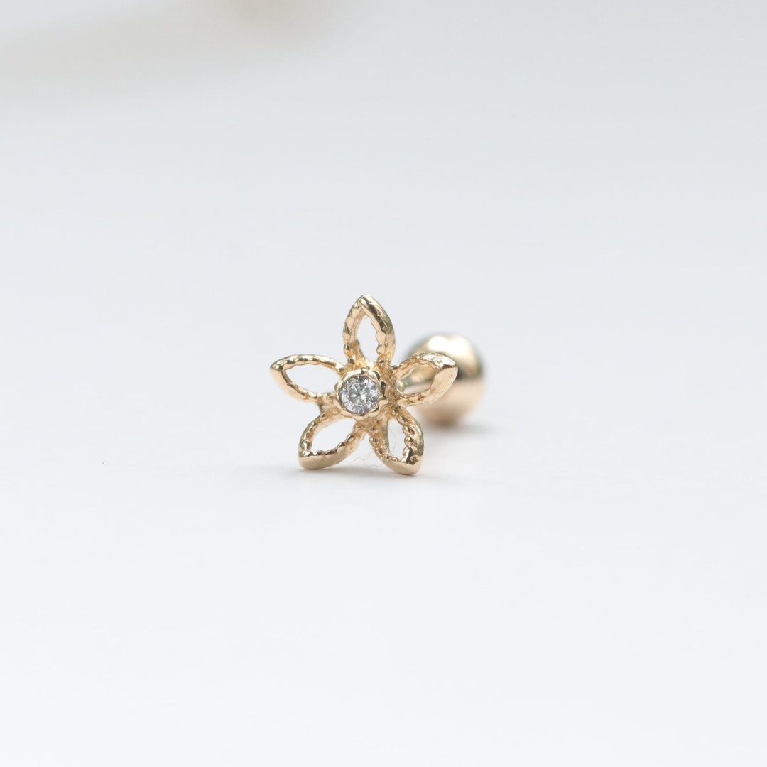 14K 五叶花钻锁珠 (单个)耳骨 耳窝 不退色 - 耳环/耳夹 - 贵金属 金色