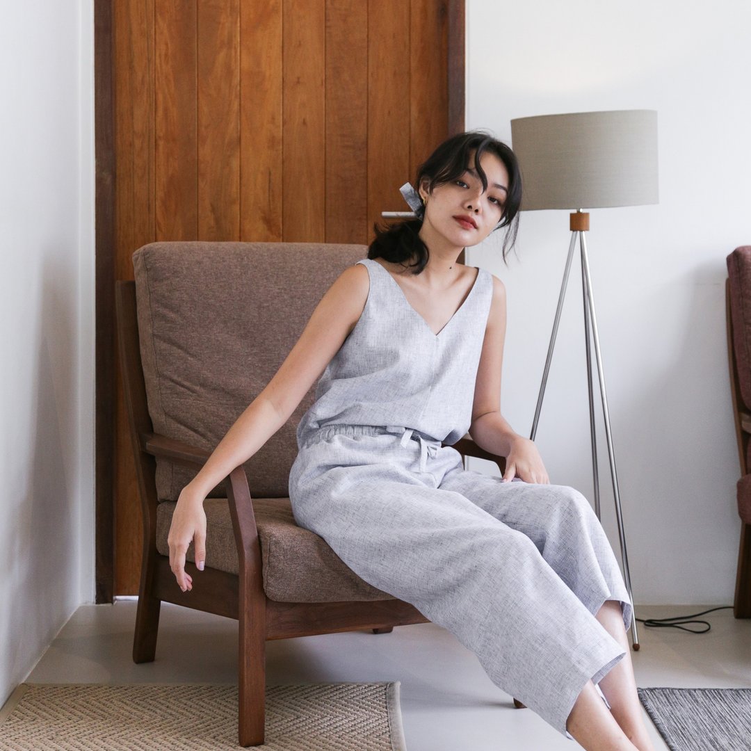Heima trousers set 亚麻裤子套装 : 烟灰色-白色  , 全身衬里 - 居家服/睡衣 - 棉 灰色