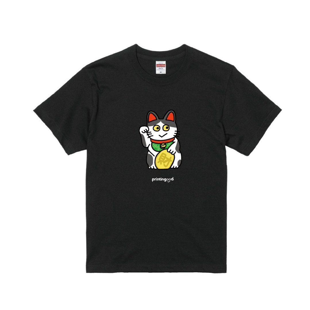招财猫印花T-shirt | 奔驰猫 黑白花猫 | 黑白两色 | A012b - 男装上衣/T 恤 - 棉．麻 多色