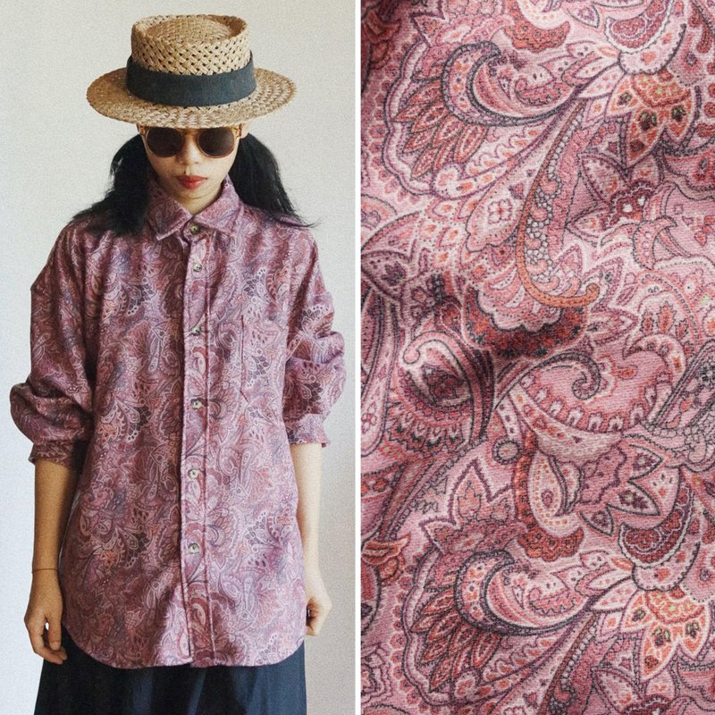 粉紅 腰果花磨毛口袋款復古長袖襯衣 日本佩斯利羊毛面料襯衫 - 女装衬衫 - 棉．麻 红色