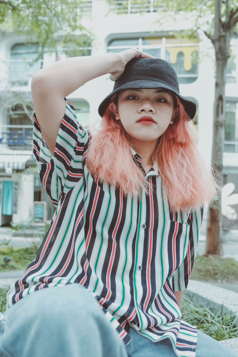 【Morefun古着选物】红绿条纹花衬衫 - 女装上衣 - 丝．绢 绿色