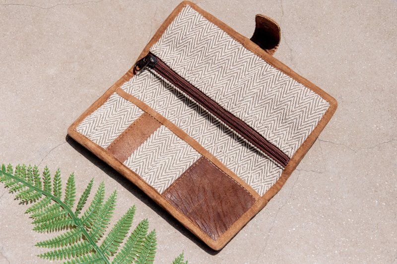 手工棉麻拼接皮革长夹/长皮夹/零钱包/编织皮夹-植物染灰山丘皮夹 - 皮夹/钱包 - 真皮 灰色