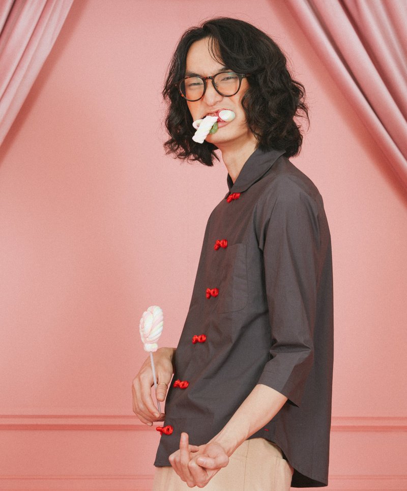 娃娃领中式盘扣衬衫 - 男装衬衫 - 棉．麻 灰色