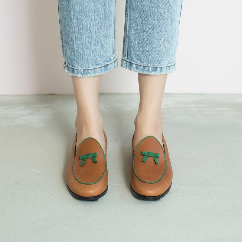 蜡笔擦色感!爱丽丝结花乐福鞋 棕绿 全真皮 MIT -绿野仙踪 - 女款牛津鞋/乐福鞋 - 真皮 卡其色