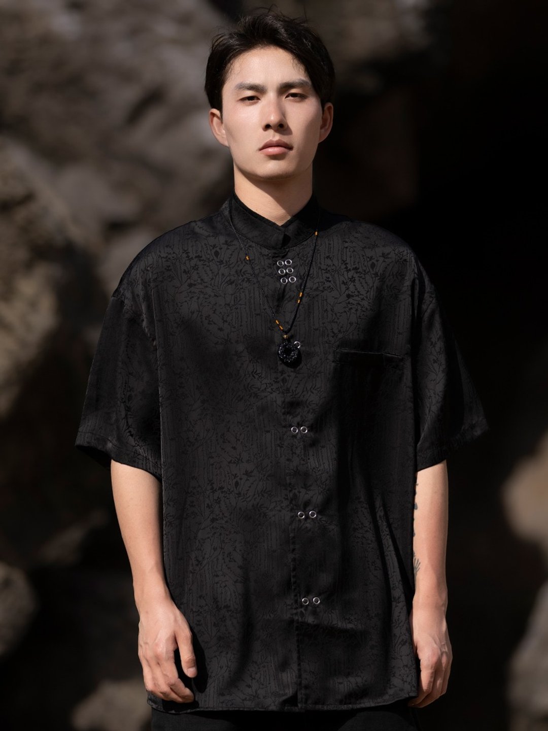 新中式复古 立领短袖衬衫 - 男装衬衫 - 其他材质 黑色