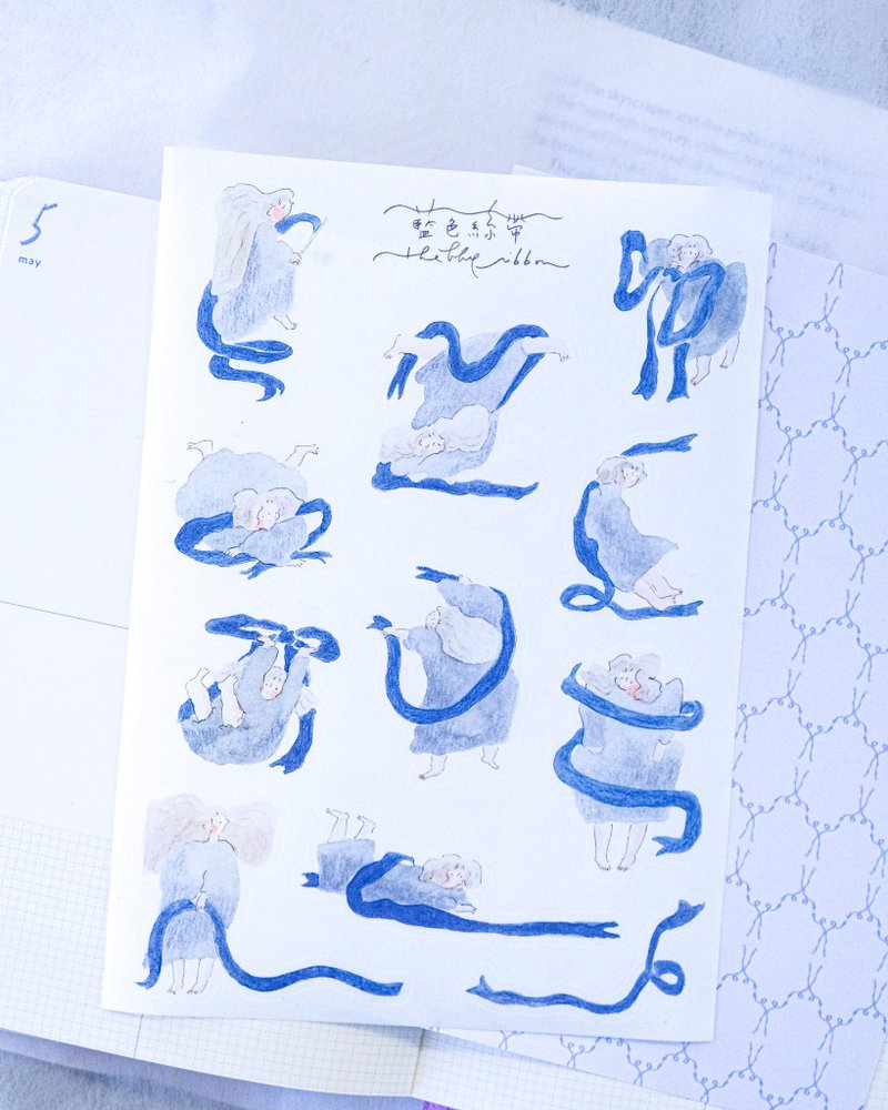 手帐贴纸-蓝色丝带 | 女孩贴纸-手帐素材-纸贴纸 | 插画 dodolulu - 贴纸 - 纸 蓝色