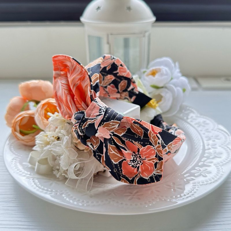 纯棉拼布绑结蝴蝶结发箍头箍发饰-橘黑色 - 发带/发箍 - 棉．麻 黑色