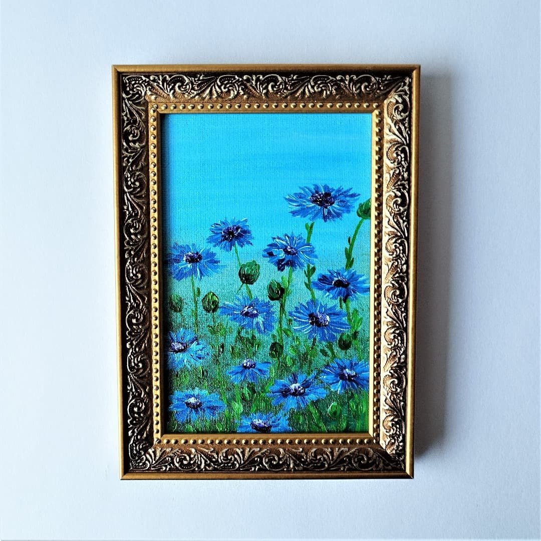 Acrylic Painting of Cornflowers | Landscape Wildflowers Art Wall Decor - 墙贴/壁贴 - 压克力 蓝色