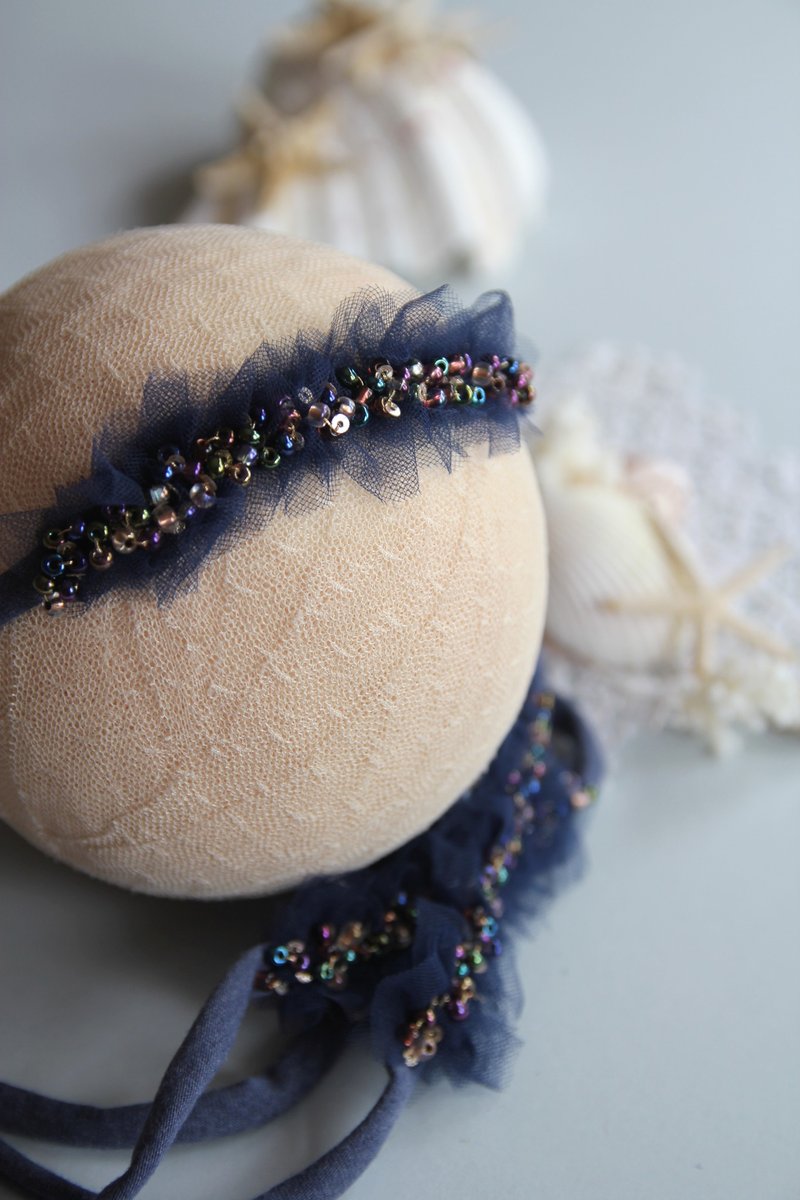 婴儿头带 宝宝头带 婴儿头饰 头饰 弥月礼物 弥月头饰 百日宴头饰 - 婴儿帽/发带 - 棉．麻 蓝色