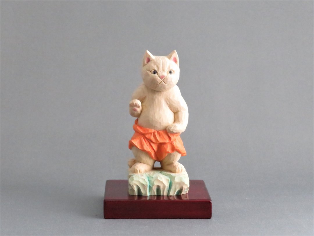 Wood carving Cat Buddha 1933 - 玩偶/公仔 - 木头 橘色