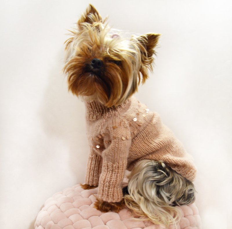 Knit Dog sweaters for small dogs girl . Dog clothes with Sequins - 衣/帽 - 羊毛 粉红色