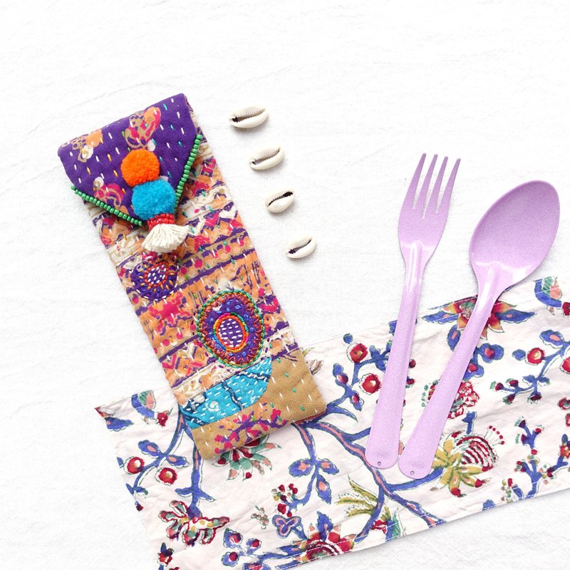 DUNIA世界制造所 /Kantha Dreams/ 手缝刺绣餐具组- hand stitched embroidery cutlery set #grape - 餐刀/叉/匙组合 - 棉．麻 紫色